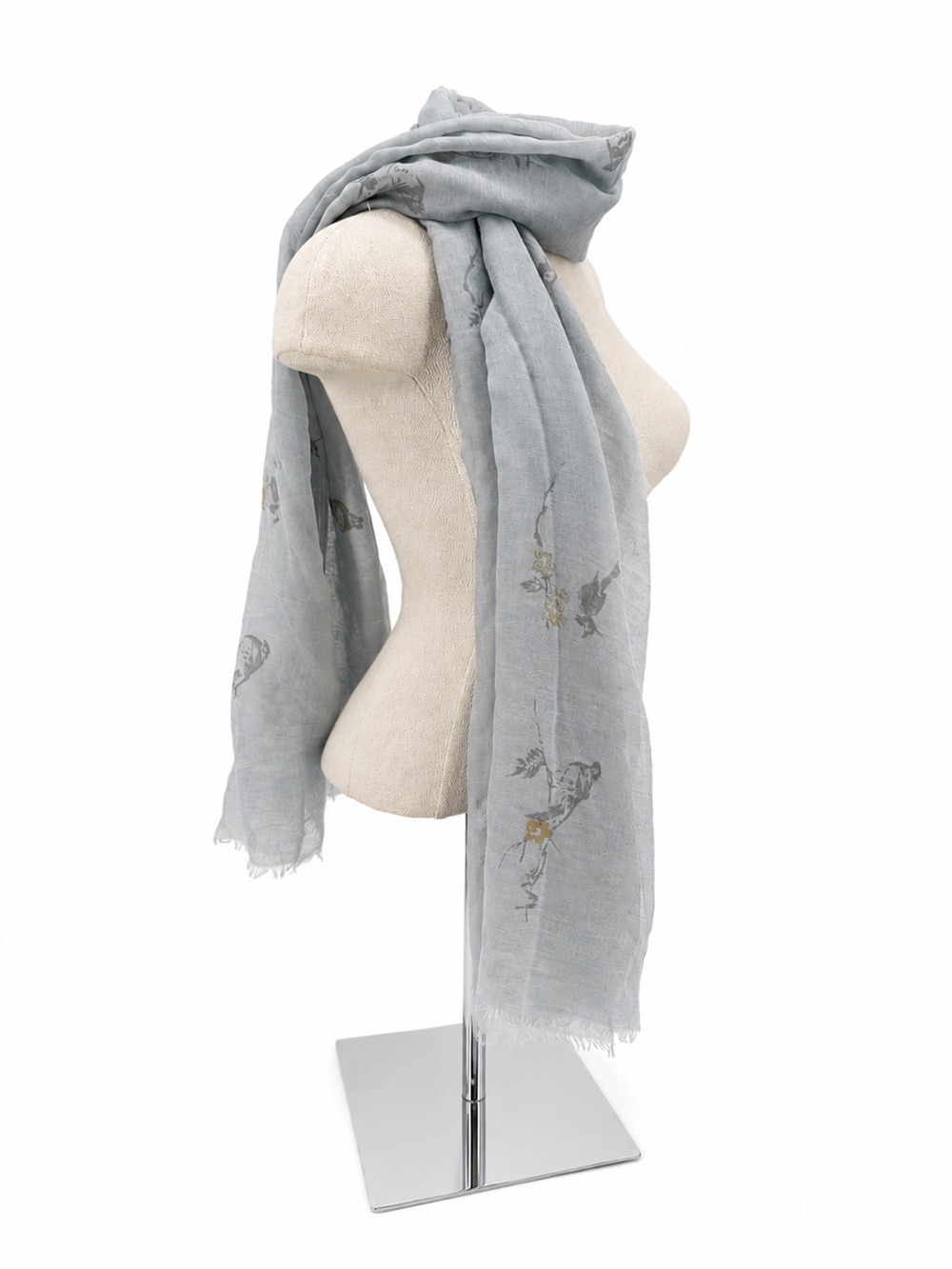 Joy Susan Gray Bird Print Lightweight Scarf Accessory Wrap Fringe